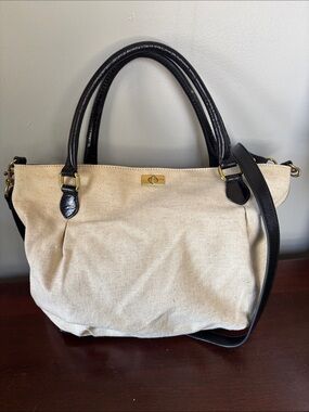J Crew Canvas Top-Handle Satchel in Natural with Black Leather Trim